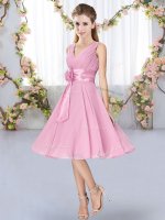 Chiffon V-neck Sleeveless Lace Up Hand Made Flower Dama Dress in Rose Pink(SKU BMT0435-1BIZ)