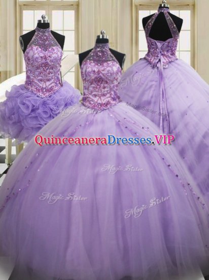 High End Three Piece Halter Top Lavender Sleeveless Sequins Lace Up Quince Ball Gowns - Click Image to Close