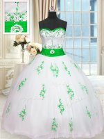 White Ball Gowns Sweetheart Sleeveless Tulle Floor Length Lace Up Appliques and Belt 15 Quinceanera Dress(SKU PSSW0310-2BIZ)