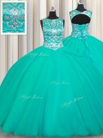 Scoop Tulle Sleeveless Floor Length Quinceanera Dress and Appliques