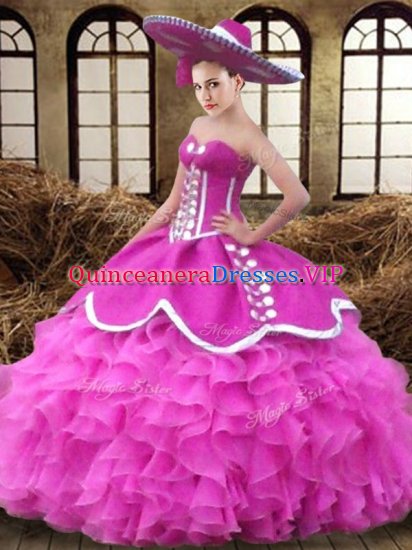 Fancy Ball Gowns Quinceanera Gown Fuchsia Sweetheart Organza Sleeveless Floor Length Lace Up - Click Image to Close