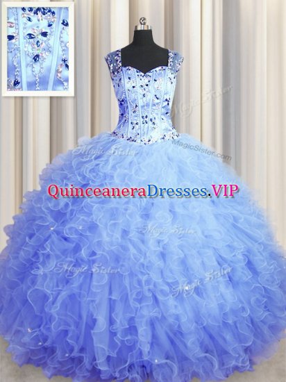 See Through Zipper Up Square Sleeveless Sweet 16 Dresses Floor Length Beading and Ruffles Light Blue Tulle - Click Image to Close