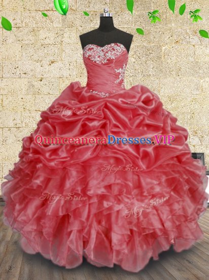 Coral Red Sweetheart Lace Up Beading and Appliques and Ruffles and Ruching Ball Gown Prom Dress Sleeveless - Click Image to Close