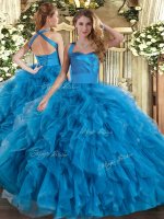 Custom Design Blue Ball Gowns Ruffles Quinceanera Dresses Lace Up Tulle Sleeveless Floor Length