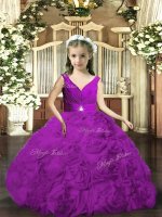 Dazzling Purple Backless V-neck Beading and Ruching Little Girls Pageant Dress Fabric With Rolling Flowers Sleeveless(SKU PAG1175-1BIZ)