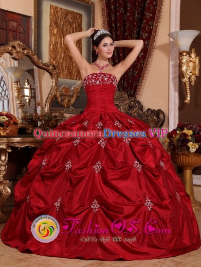 Le Plessis-Robinson France Customize Pick-ups and Appliques Wine Red Strapless Taffeta Quinceanera Dress - Click Image to Close