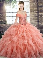 Dramatic Peach Ball Gowns Organza Off The Shoulder Sleeveless Beading and Ruffles Lace Up Quinceanera Gown Brush Train(SKU SJQDDT2091002-7BIZ)