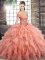 Dramatic Peach Ball Gowns Organza Off The Shoulder Sleeveless Beading and Ruffles Lace Up Quinceanera Gown Brush Train
