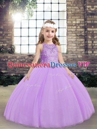 Hot Sale Tulle Scoop Sleeveless Lace Up Beading Girls Pageant Dresses in Lavender