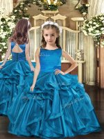 Sleeveless Floor Length Ruffles Lace Up Kids Formal Wear with Blue