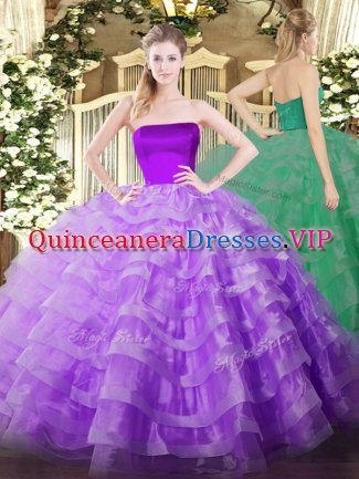Romantic Strapless Sleeveless Zipper Quinceanera Dresses Lilac Tulle