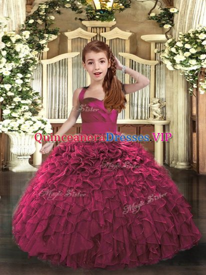 Fuchsia Organza Lace Up Little Girls Pageant Dress Sleeveless Floor Length Ruffles - Click Image to Close