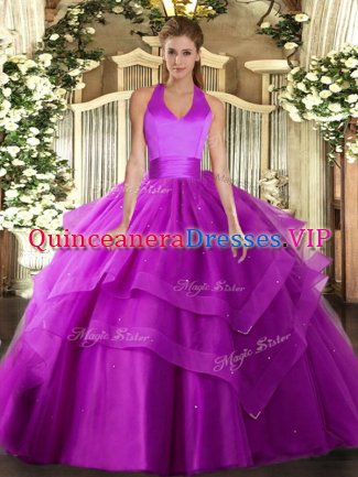 High Quality Floor Length Fuchsia Quinceanera Dresses Tulle Sleeveless Ruffled Layers