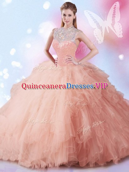 Peach Tulle Zipper Quince Ball Gowns Sleeveless Floor Length Beading and Ruffles and Sequins - Click Image to Close