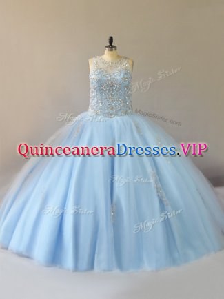 Sexy Light Blue Sleeveless Floor Length Beading Lace Up Vestidos de Quinceanera