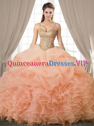 Edgy Sleeveless Organza Floor Length Lace Up Quince Ball Gowns in Peach with Beading and Ruffles and Pick Ups