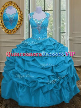 Hot Selling Aqua Blue Straps Lace Up Beading and Pick Ups Sweet 16 Quinceanera Dress Sleeveless