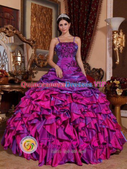 Menorca Spain Discount Purple and Fuchsia Quinceanera Dress With Embroidery Decorate Straps Multi-color Ruffles Ball Gown - Click Image to Close