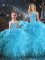 Edgy Floor Length Aqua Blue Vestidos de Quinceanera Organza Sleeveless Beading and Ruffles