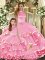 Great Pink Organza Lace Up High-neck Sleeveless Floor Length 15th Birthday Dress Beading and Ruffled Layers