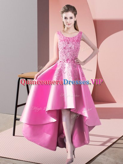 High Low Rose Pink Dama Dress for Quinceanera Satin Sleeveless Lace - Click Image to Close