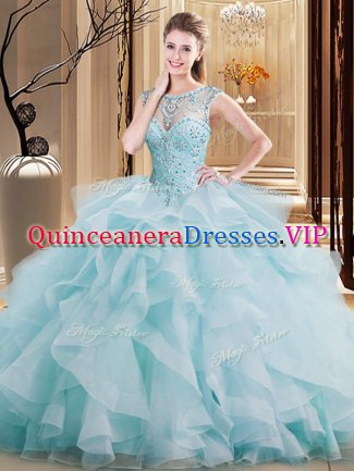Scoop Ball Gowns Sleeveless Light Blue 15th Birthday Dress Brush Train Lace Up