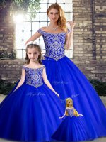 Exquisite Royal Blue Ball Gowns Tulle Off The Shoulder Sleeveless Beading Lace Up Sweet 16 Dresses Brush Train