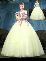 Admirable Yellow Green Lace Up Scoop Appliques Sweet 16 Dress Tulle Long Sleeves