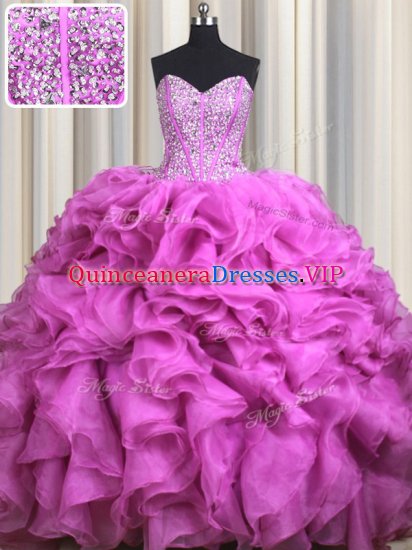 Visible Boning Brush Train Fuchsia Ball Gowns Beading and Ruffles Sweet 16 Quinceanera Dress Lace Up Organza Sleeveless With Train - Click Image to Close