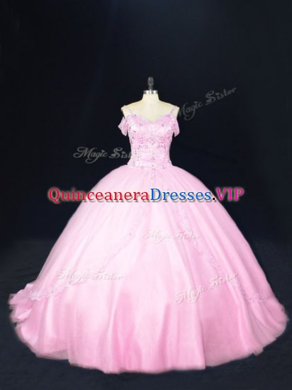 Beading 15th Birthday Dress Baby Pink Lace Up Sleeveless Court Train - Click Image to Close