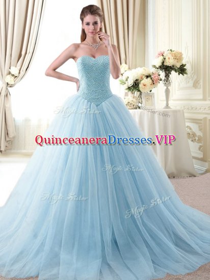 Classical Floor Length Lace Up 15th Birthday Dress Light Blue for Military Ball and Sweet 16 and Quinceanera with Beading - Click Image to Close