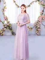 Elegant Lavender Scoop Neckline Lace and Belt Vestidos de Damas Short Sleeves Side Zipper