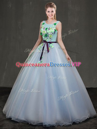Suitable Scoop Light Blue Lace Up 15th Birthday Dress Appliques Sleeveless Floor Length - Click Image to Close