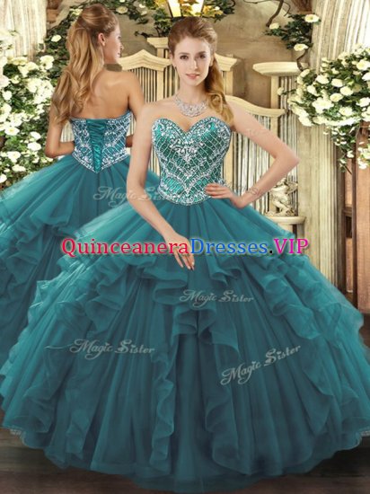 Cheap Turquoise Ball Gowns Sweetheart Sleeveless Tulle Floor Length Lace Up Beading and Ruffles Quinceanera Gowns - Click Image to Close