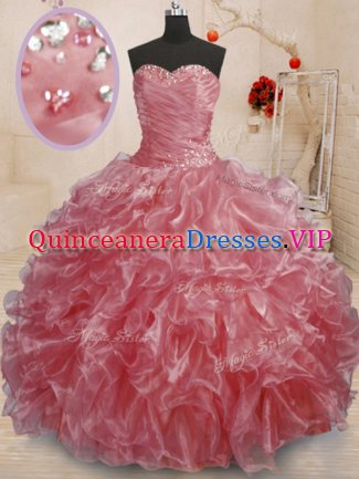 Sweetheart Sleeveless 15 Quinceanera Dress Floor Length Beading and Ruffles Watermelon Red Organza