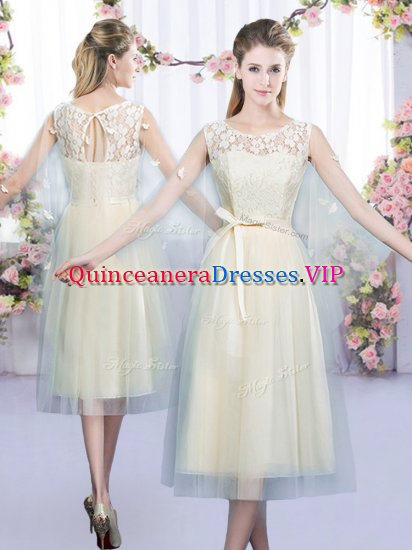 Sleeveless Tea Length Lace and Belt Lace Up Court Dresses for Sweet 16 with Champagne - Click Image to Close