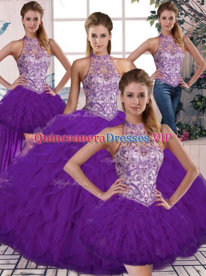 Inexpensive Purple Sleeveless Tulle Lace Up Quinceanera Dress for Military Ball and Sweet 16 and Quinceanera - Click Image to Close
