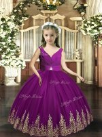 Customized Eggplant Purple Sleeveless Floor Length Embroidery Backless Girls Pageant Dresses