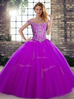 Fashion Purple Quinceanera Gowns Military Ball and Sweet 16 and Quinceanera with Beading Off The Shoulder Sleeveless Lace Up