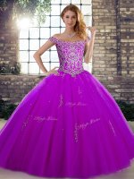 Fashion Purple Quinceanera Gowns Military Ball and Sweet 16 and Quinceanera with Beading Off The Shoulder Sleeveless Lace Up(SKU SJQDDT2104002-1BIZ)