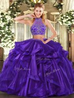 Sleeveless Floor Length Beading and Ruffled Layers Criss Cross Sweet 16 Quinceanera Dress with Purple