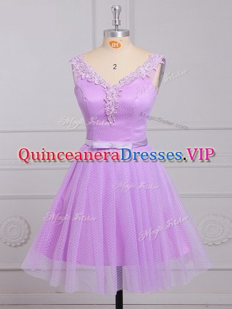 Dynamic Lilac Lace Lace Up Quinceanera Court of Honor Dress Sleeveless Mini Length Appliques and Belt