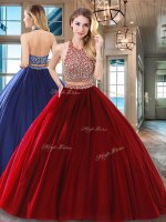 Wine Red Halter Top Neckline Beading Quince Ball Gowns Sleeveless Backless