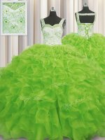 Yellow Green Organza Lace Up Sweet 16 Quinceanera Dress Sleeveless Floor Length Beading and Ruffles