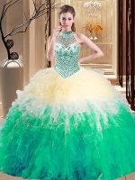 Comfortable Halter Top Multi-color Lace Up 15th Birthday Dress Beading and Ruffles Sleeveless Floor Length