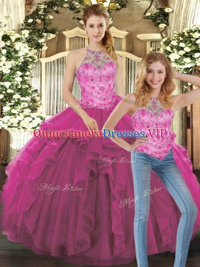 Floor Length Two Pieces Sleeveless Fuchsia 15 Quinceanera Dress Lace Up - Click Image to Close