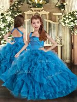 High End Tulle Straps Sleeveless Lace Up Ruffles Little Girl Pageant Gowns in Blue
