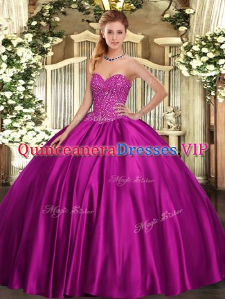 Exquisite Fuchsia Satin Lace Up Sweet 16 Dresses Sleeveless Floor Length Beading