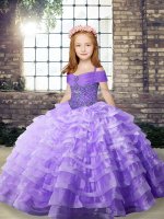 High Quality Lavender Lace Up Straps Beading and Ruffled Layers Evening Gowns Organza Sleeveless Brush Train