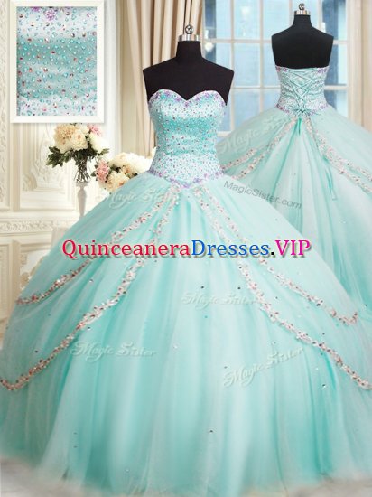 Simple Apple Green Tulle Lace Up Quinceanera Gown Sleeveless With Brush Train Beading - Click Image to Close